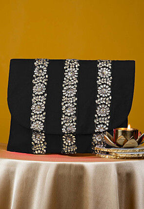 Embellished Art Silk Clutch Bag in Black