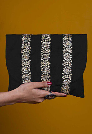 Embellished Art Silk Clutch Bag in Black