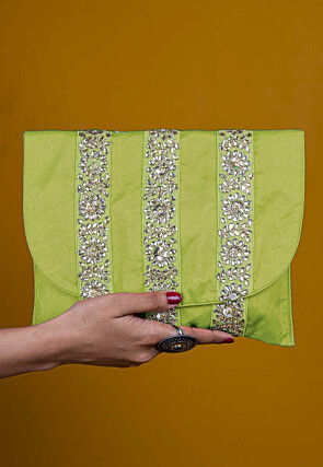 Embellished Art Silk Clutch Bag in Light Green