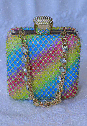 Embellished Art Silk Clutch Bag in Multicolor