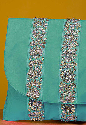 Embellished Art Silk Clutch Bag in Pastel Blue