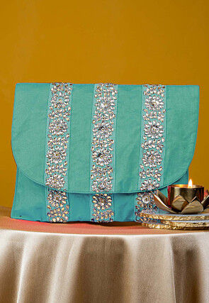 Embellished Art Silk Clutch Bag in Pastel Blue