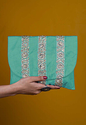 Embellished Art Silk Clutch Bag in Pastel Blue