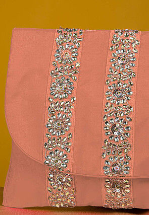 Embellished Art Silk Clutch Bag in Peach