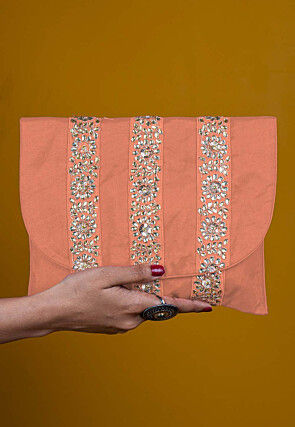 Embellished Art Silk Clutch Bag in Peach