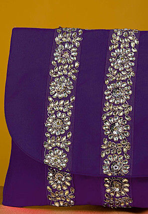 Embellished Art Silk Clutch Bag in Purple