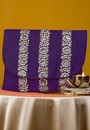 Embellished Art Silk Clutch Bag in Purple