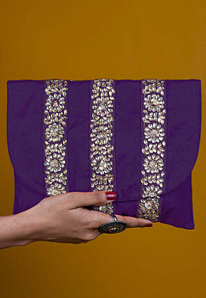 Embellished Art Silk Clutch Bag in Purple