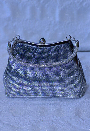 Embellished Art Silk Clutch Bag in Silver