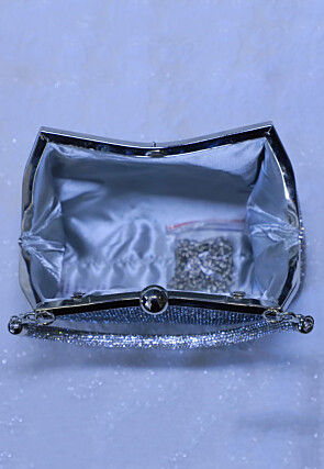 Embellished Art Silk Clutch Bag in Silver