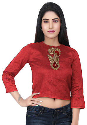 Embellished Art Silk Crop Top in Maroon