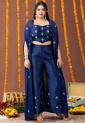 Embellished Art Silk Crop Top Set in Navy Blue