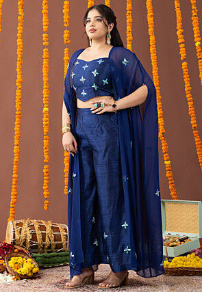 Embellished Art Silk Crop Top Set in Navy Blue