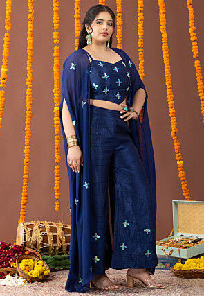 Embellished Art Silk Crop Top Set in Navy Blue