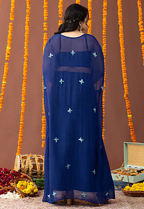 Embellished Art Silk Crop Top Set in Navy Blue