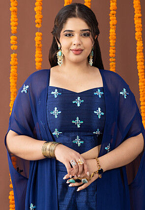 Embellished Art Silk Crop Top Set in Navy Blue