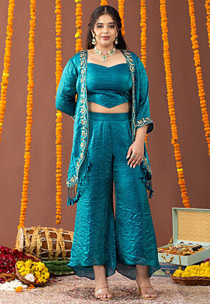 Embellished Art Silk Crushed Crop Top Set in Teal Blue