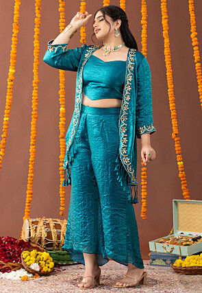 Embellished Art Silk Crushed Crop Top Set in Teal Blue