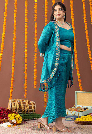 Embellished Art Silk Crushed Crop Top Set in Teal Blue