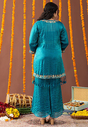 Embellished Art Silk Crushed Crop Top Set in Teal Blue