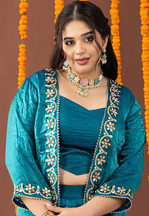 Embellished Art Silk Crushed Crop Top Set in Teal Blue