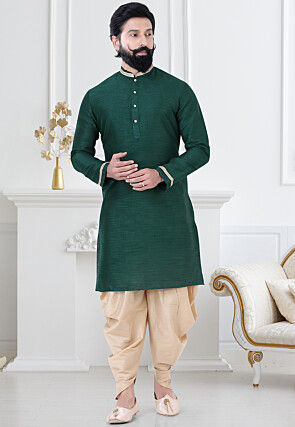 Embellished Art Silk Dhoti Kurta in Dark Green