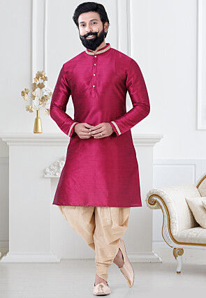 Embellished Art Silk Dhoti Kurta in Pink