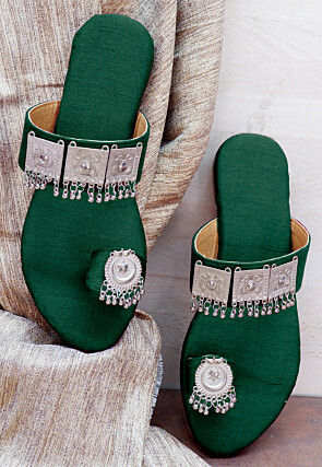 Embellished Art Silk Kolhapuris in Dark Green