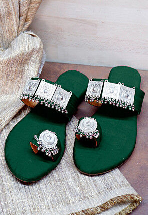 Embellished Art Silk Kolhapuris in Dark Green