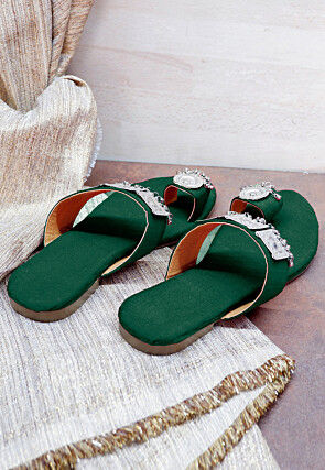 Embellished Art Silk Kolhapuris in Dark Green