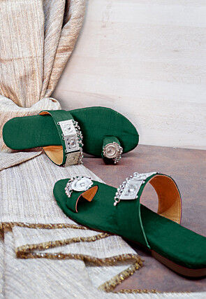 Embellished Art Silk Kolhapuris in Dark Green