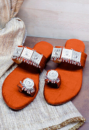Embellished Art Silk Kolhapuris in Dark Orange