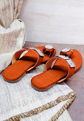 Embellished Art Silk Kolhapuris in Dark Orange