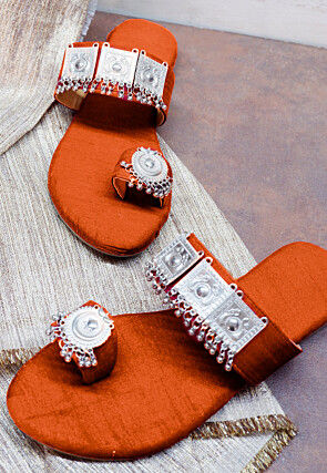 Embellished Art Silk Kolhapuris in Dark Orange