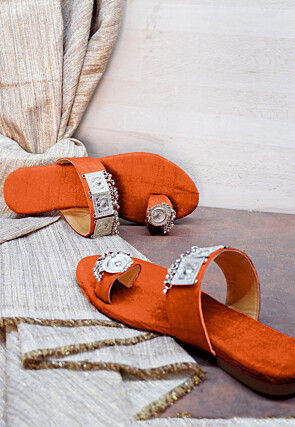Embellished Art Silk Kolhapuris in Dark Orange