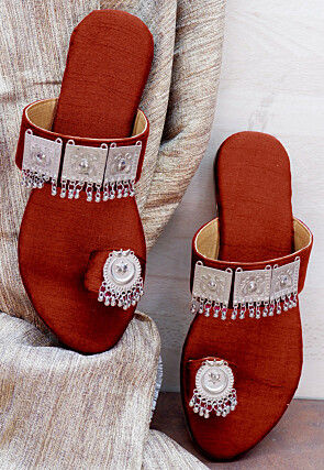 Embellished Art Silk Kolhapuris in Maroon