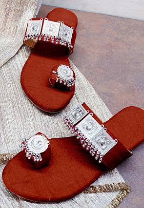 Embellished Art Silk Kolhapuris in Maroon