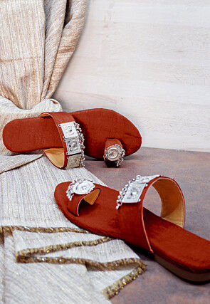 Embellished Art Silk Kolhapuris in Maroon