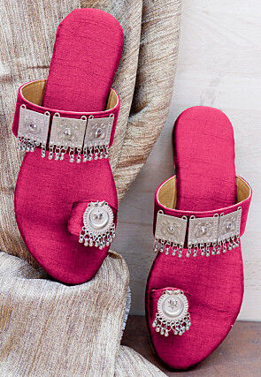 Embellished Art Silk Kolhapuris in Pink
