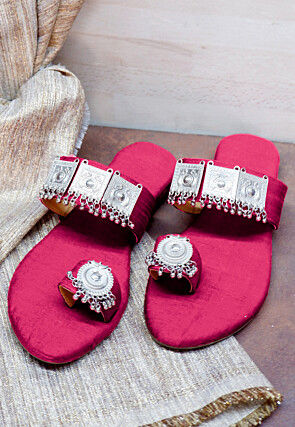 Embellished Art Silk Kolhapuris in Pink