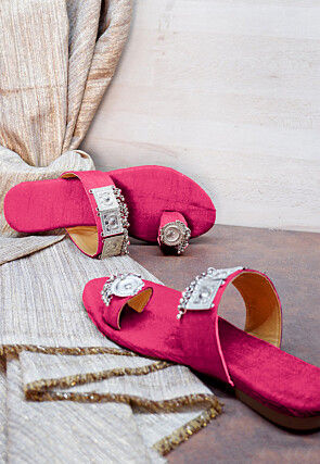Embellished Art Silk Kolhapuris in Pink