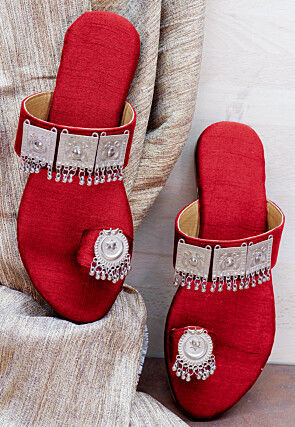 Embellished Art Silk Kolhapuris in Red