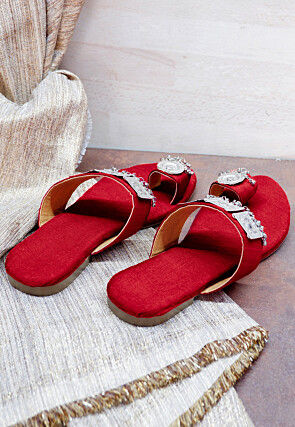 Embellished Art Silk Kolhapuris in Red