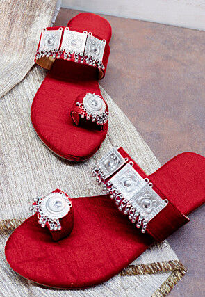 Embellished Art Silk Kolhapuris in Red
