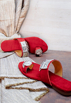 Embellished Art Silk Kolhapuris in Red
