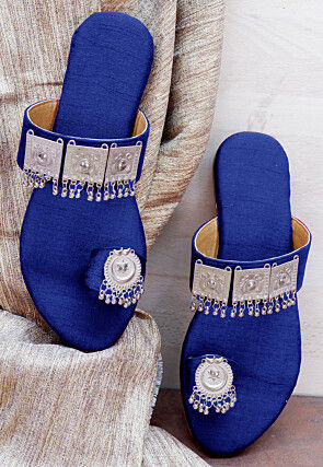 Embellished Art Silk Kolhapuris in Royal Blue