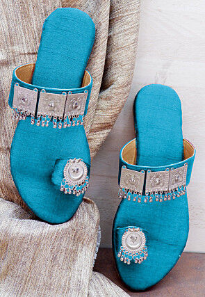 Embellished Art Silk Kolhapuris in Turquoise