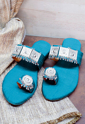 Embellished Art Silk Kolhapuris in Turquoise