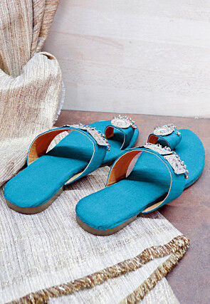 Embellished Art Silk Kolhapuris in Turquoise