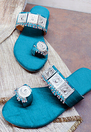 Embellished Art Silk Kolhapuris in Turquoise